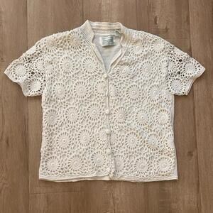 Vtg Shenanigans Hand Knitted Short Sleeve Cardigan Sweater Crocheted Off White M